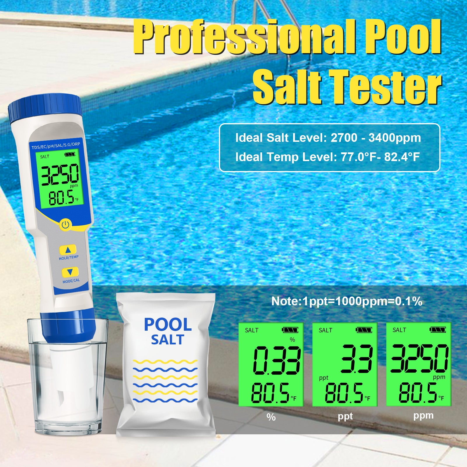 High Precision PH Meter7-in-1 EC/TDS/Salinity/ORP/Temperature/Specific Gravity Water Quality Tester For Spa & Hot Tub, Saltwater Pool, Aquarium, Aquaculture, Water Treatment Yieryi