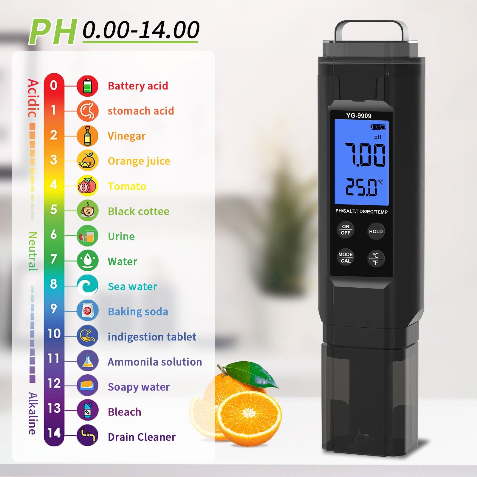 YG-9909 Digital 5-in-1 Water Quality Tester pH/TDS/EC/Salinity/Temperature Meter Yieryi