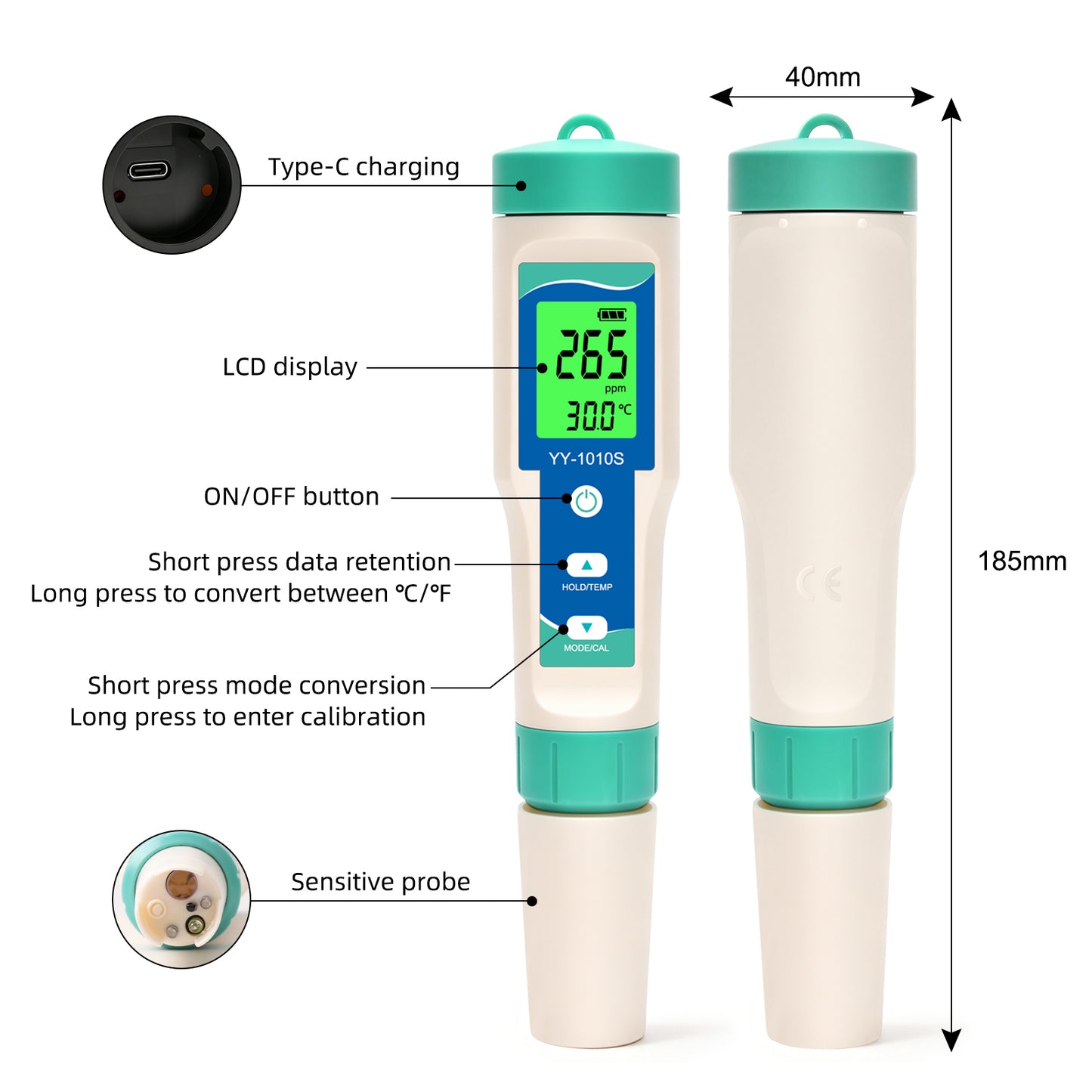 YY-1010S 10-in-1 Water Quality Test Pen | PH, TDS, EC, Salinity, ORP, H2, S.G, Temperature, Chlorine, Resistivity Yieryi