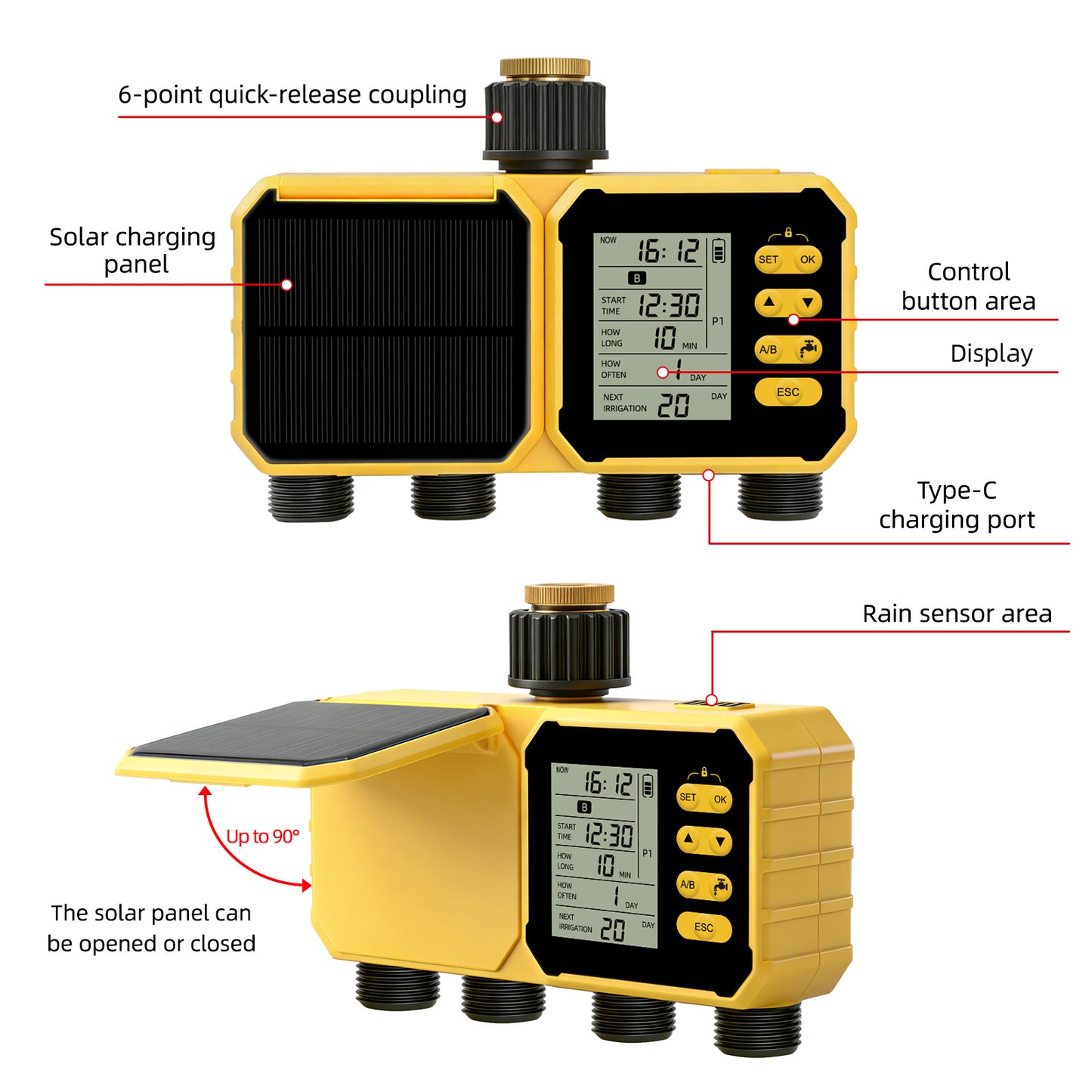 YiERYI Solar Water Timer 4 Outlet Irrigation Controller with Rain Sensor, Automatic Scheduled Watering System with Child Lock for Garden Lawn Farm Irrigation Valve Yieryi
