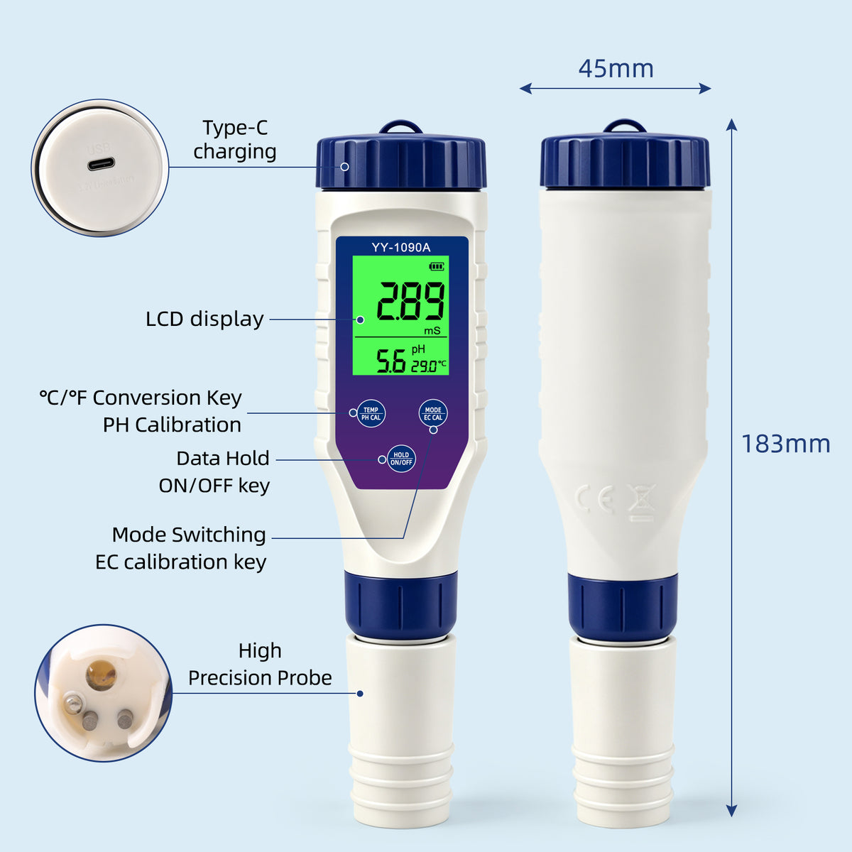 YY1090A 5in1 PH Salinity Temperature TDS EC Backlight PH Simultaneous Display Function Green Screen Rechargeable Version Yieryi