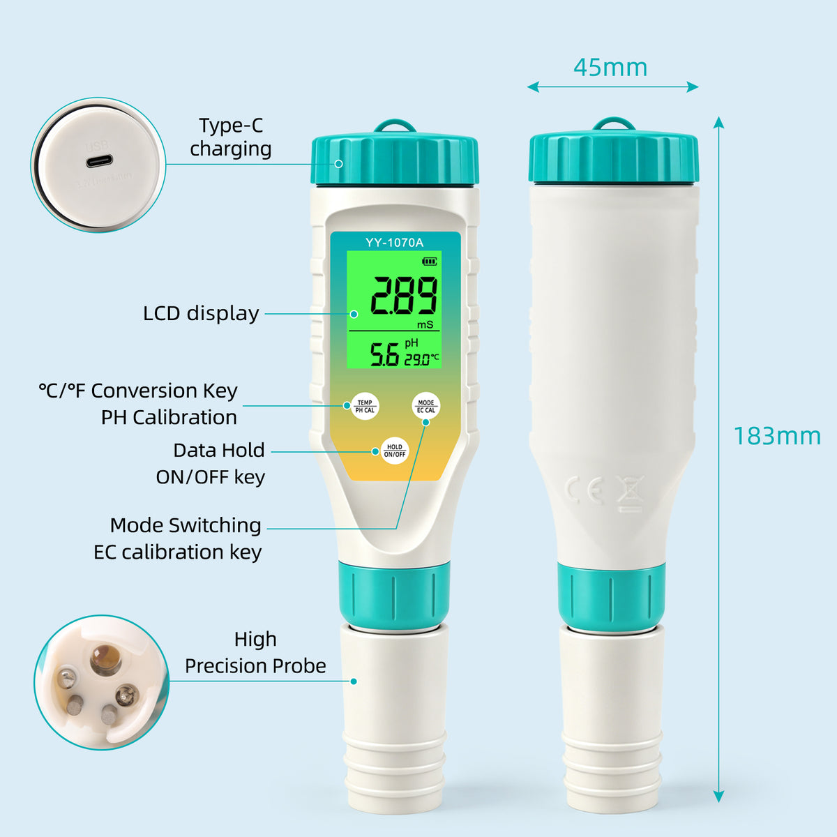 YY1070A 7-in-1 Water Quality Test Pen, Measures pH / Salinity / ORP / TDS / EC / Chlorine / Temp, Simultaneous Display, Green Backlight LCD Yieryi