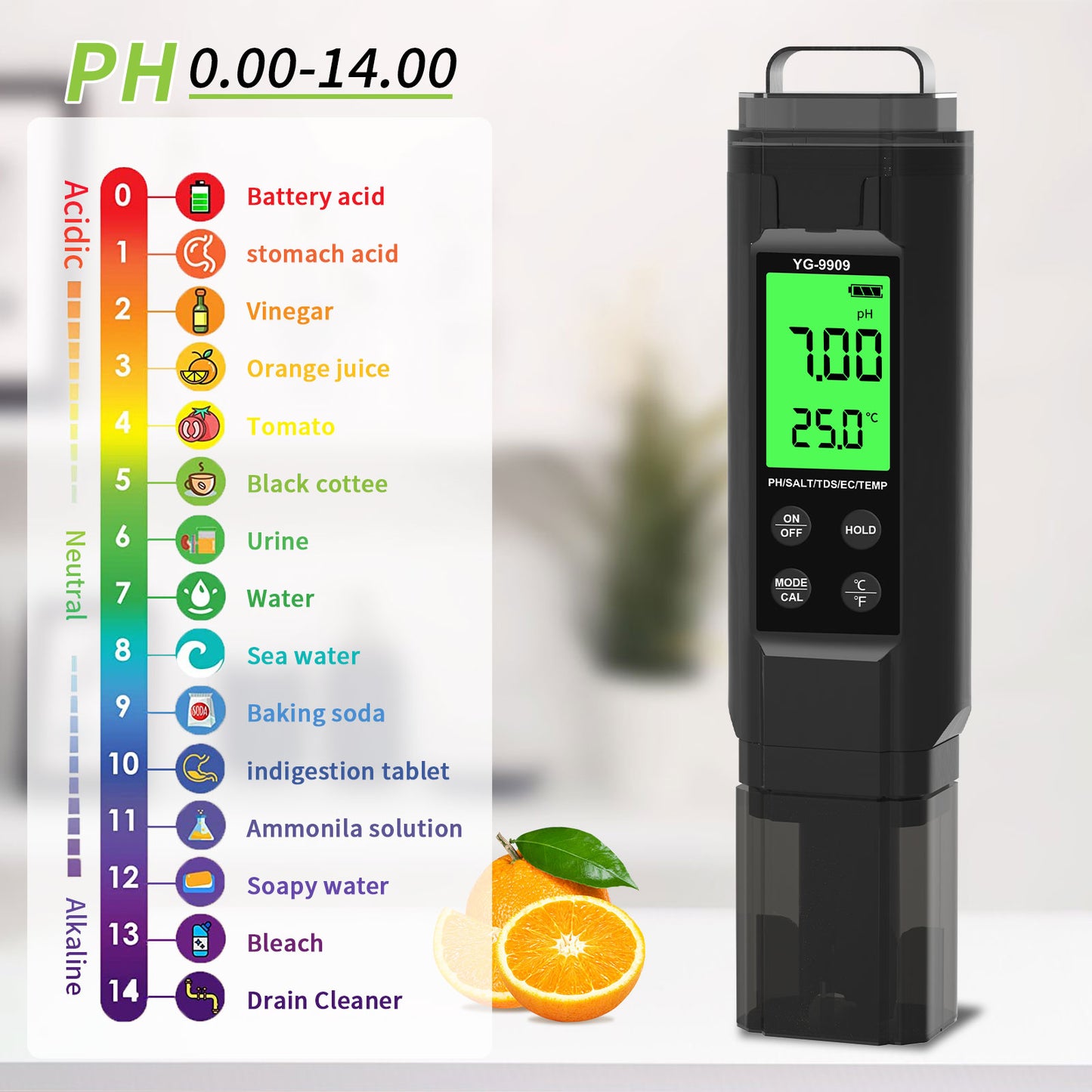 YG-9909 Digital 5-in-1 Water Quality Tester pH/TDS/EC/Salinity/Temperature Meter