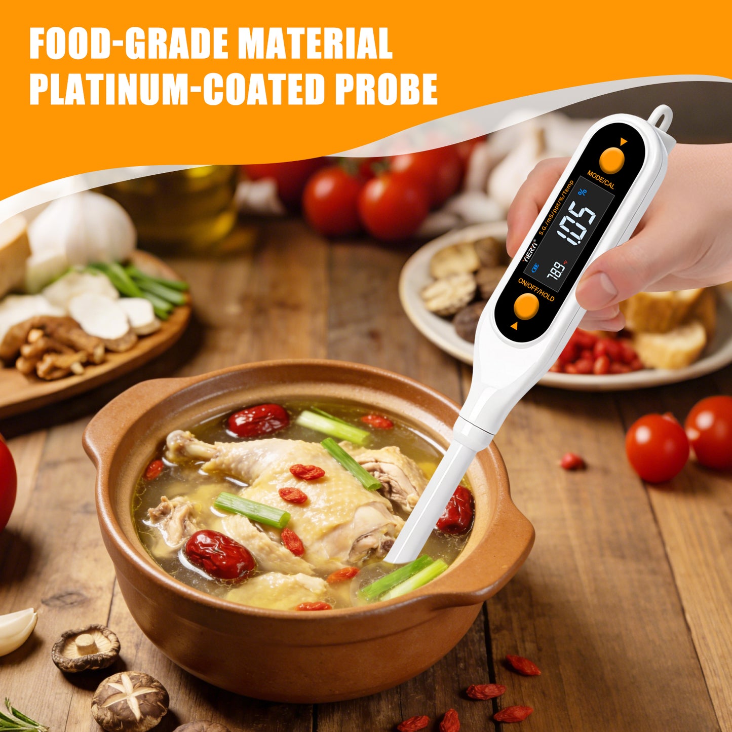 YIERYI Professional 5-in-1 Food Salt Meter High-Precision Water Quality Analysis Digital Salt Monitor EC / TDS / SALT / S.G. / TEMP Tester for Kitchen Yieryi