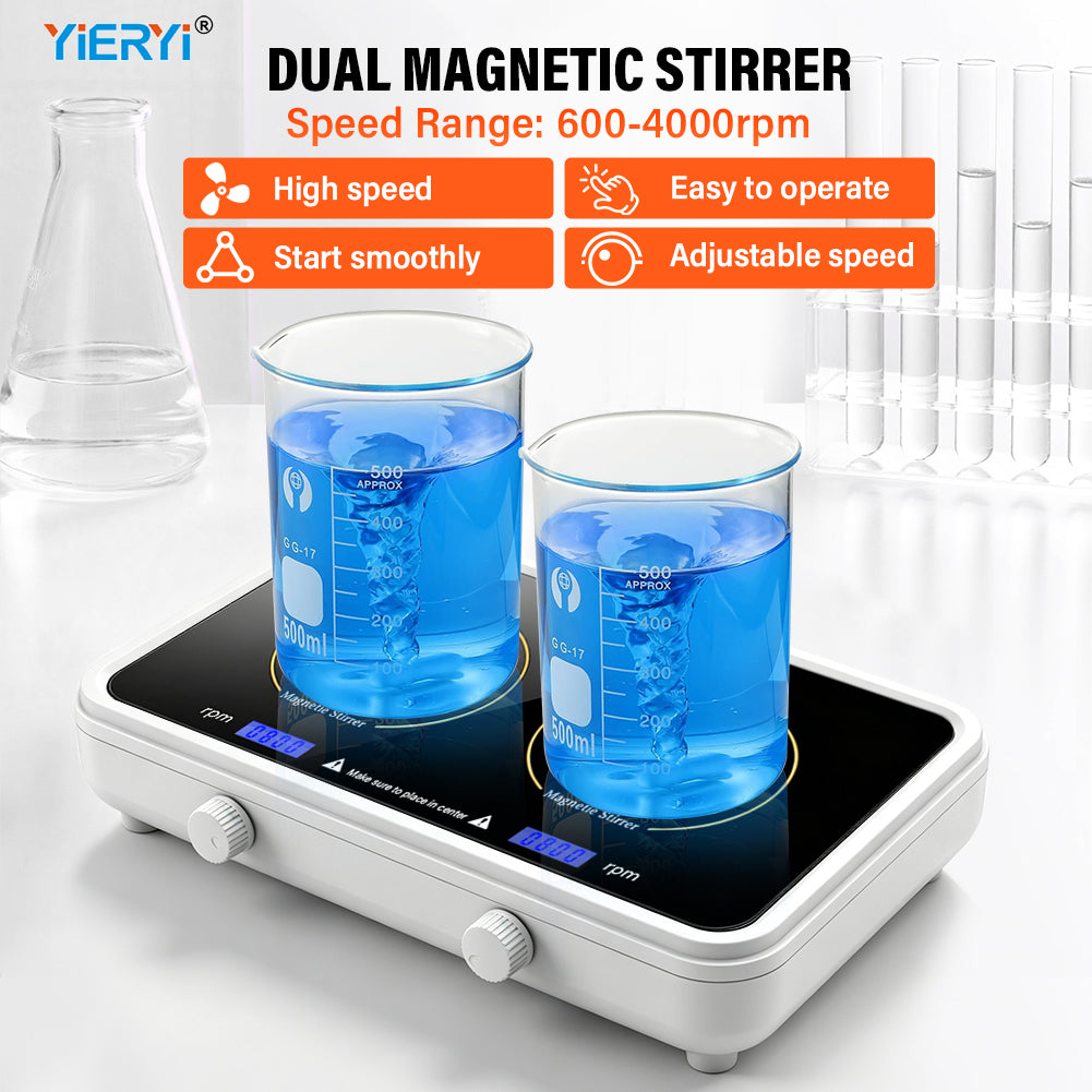 Dual‑Position Magnetic Stirrer, Mini Lab Liquid & Pigment Mixer, 500‑1000ml Per Station, Adjustable Speed 600‑4000 RPM, Two‑Channel Laboratory Stirring Equipment Yieryi