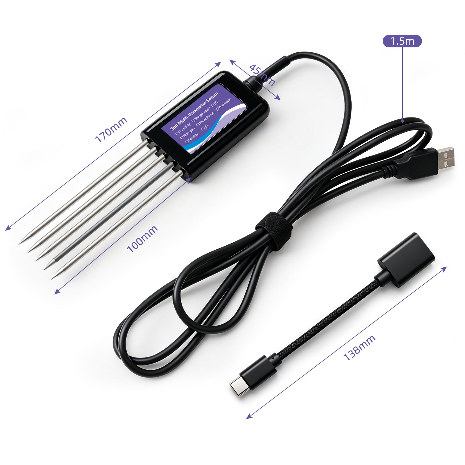 Upgraded USB‑C Connected Soil Tester with EC, Temperature‑Humidity, PH, Fertility and N‑P‑K Data Storage Function Yieryi