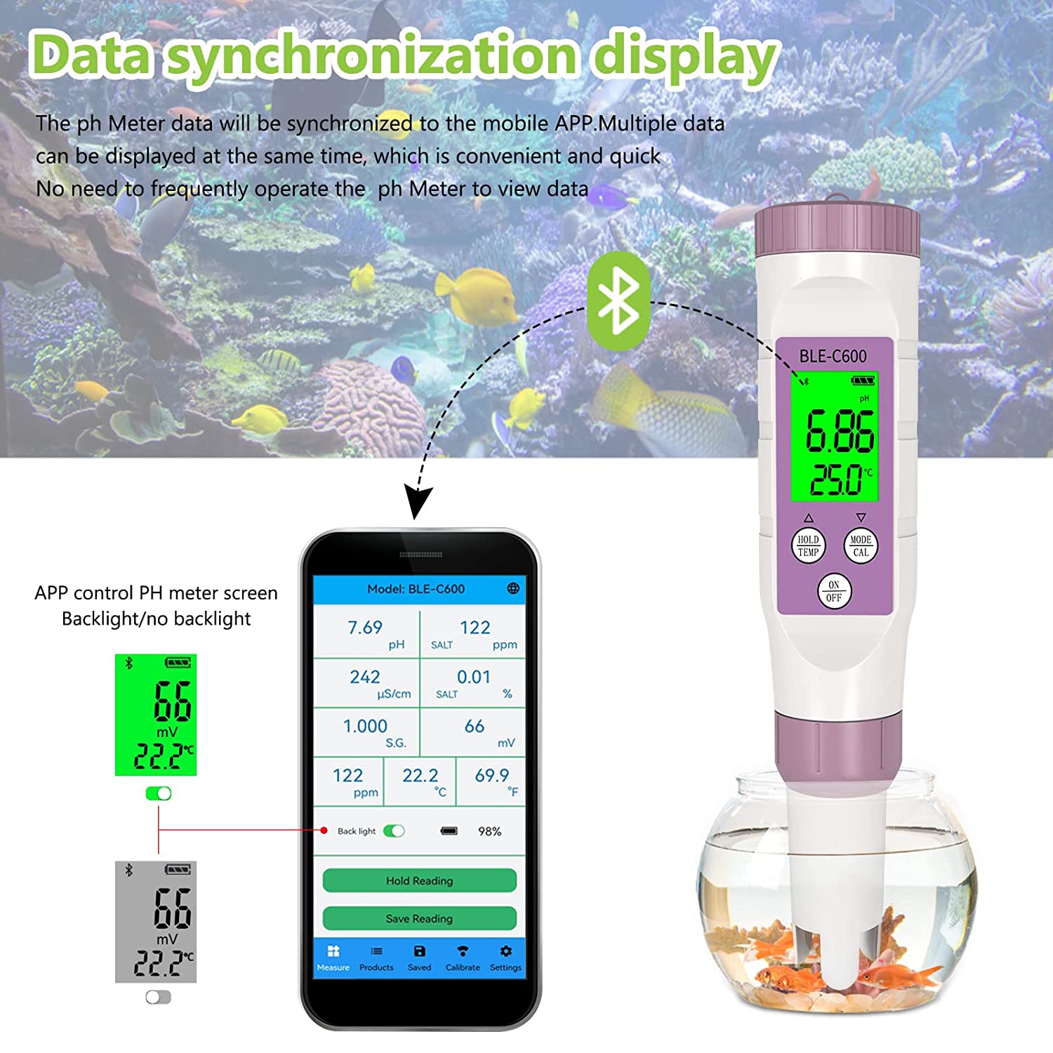 YIERYI Digital Temp CL ORP EC TDS PH Meter, Bluetooth Water