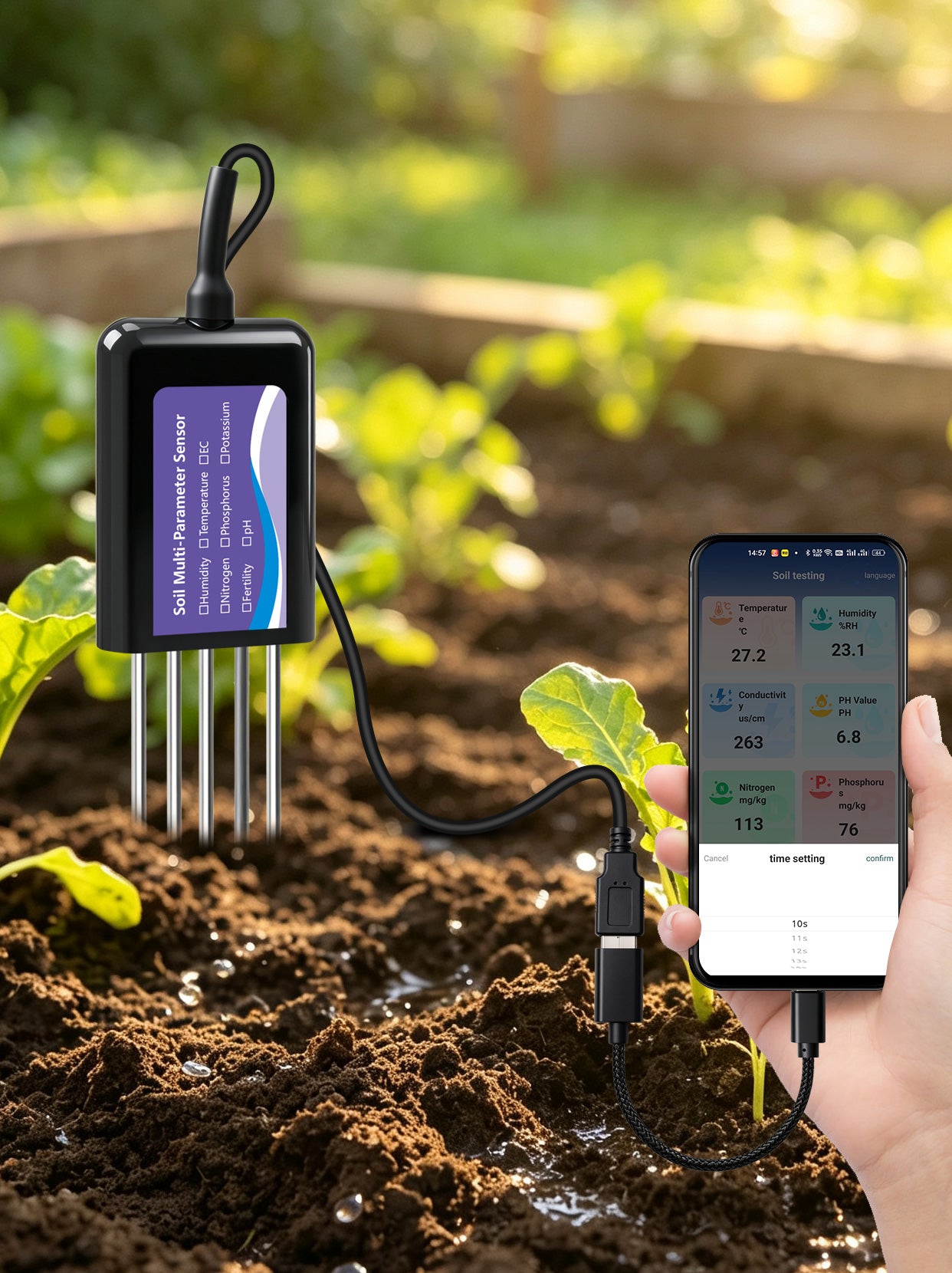 Upgraded USB‑C Connected Soil Tester with EC, Temperature‑Humidity, PH, Fertility and N‑P‑K Data Storage Function Yieryi
