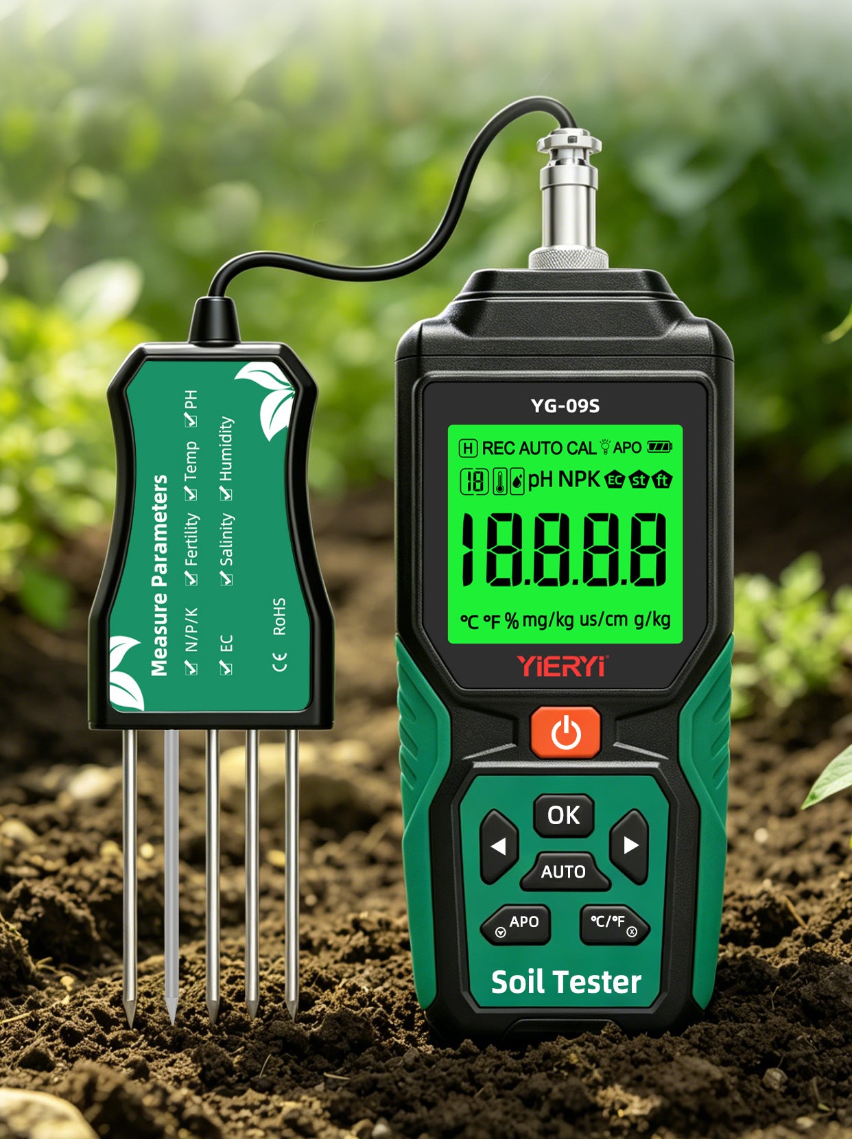 YG-09s9 9-in-1 PH/BC/salinity/fertility/nitrogen, phosphorus, potassium/temperature/humidity handheld soil tester can store and view 12 sets of records Yieryi
