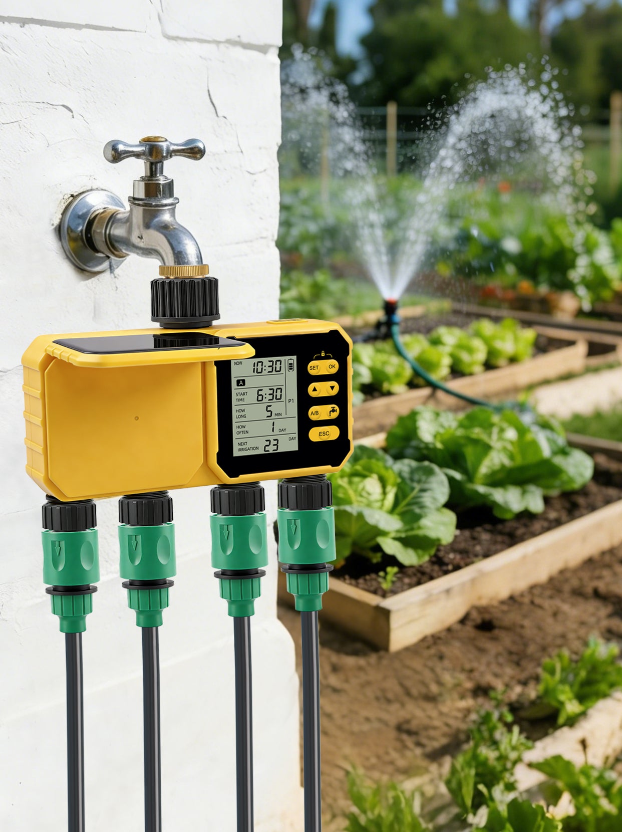 YiERYI Solar Water Timer 4 Outlet Irrigation Controller with Rain Sensor, Automatic Scheduled Watering System with Child Lock for Garden Lawn Farm Irrigation Valve Yieryi