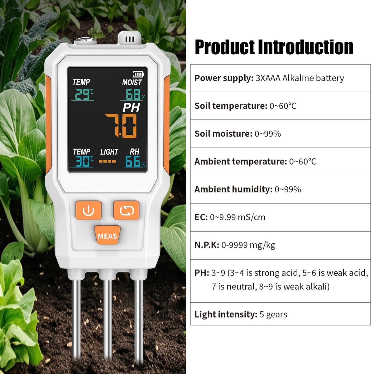 10‑in‑1 Digital Soil Tester, Color‑Screen Soil PH/EC/Fertility/N/P/K, Soil Temperature, Moisture, Light, Air Humidity & Temperature Multiparameter Soil Detector Yieryi
