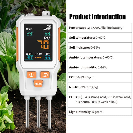 10‑in‑1 Digital Soil Tester, Color‑Screen Soil PH/EC/Fertility/N/P/K, Soil Temperature, Moisture, Light, Air Humidity & Temperature Multiparameter Soil Detector Yieryi