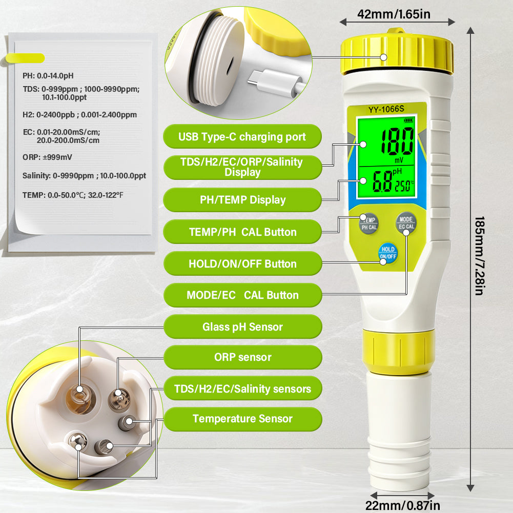 7in1 Water Quality Tester Pen pH H2 ORP TDS EC Salinity Temperature Meter for Aquarium Pool Drinking Water Yieryi