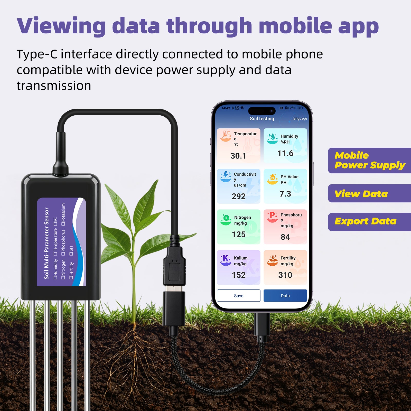 Upgraded USB‑C Connected Soil Tester with EC, Temperature‑Humidity, PH, Fertility and N‑P‑K Data Storage Function Yieryi