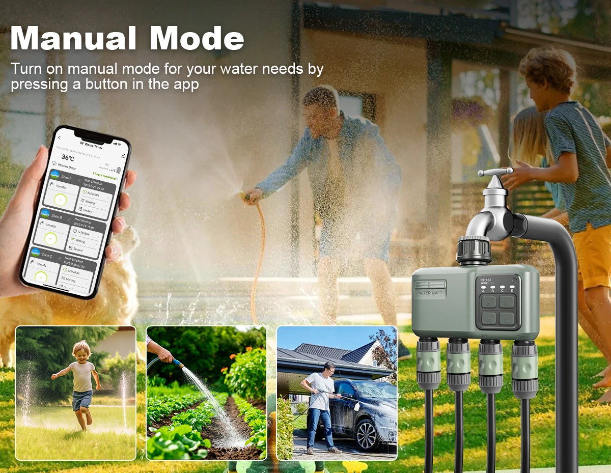 Smart 4-Zone WiFi + RF Water Timer, IPX5 Waterproof Outdoor Irrigation System with 500m Long Range, App Control for Garden Lawn Sprinkler Yieryi
