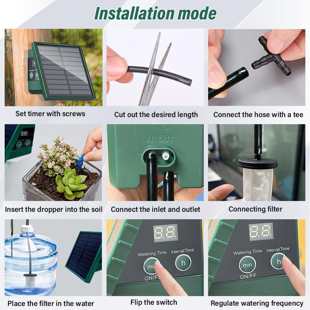 Solar Powered Auto Watering Device, Intelligent Drip Irrigation Kit for Indoor Outdoor Flowers Vegetables Yieryi