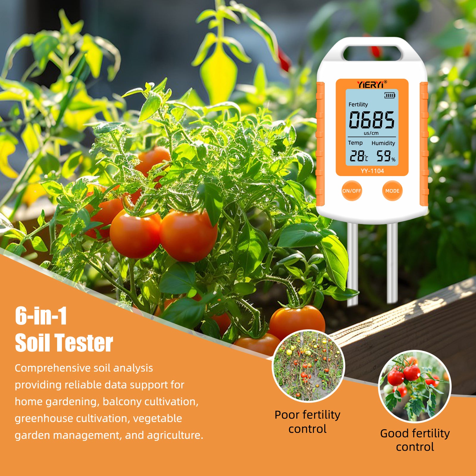 YIERYI 6-in-1 Soil Tester with NPK, pH, Temp & Humidity Soil Meter for Gardening & Farming Yieryi
