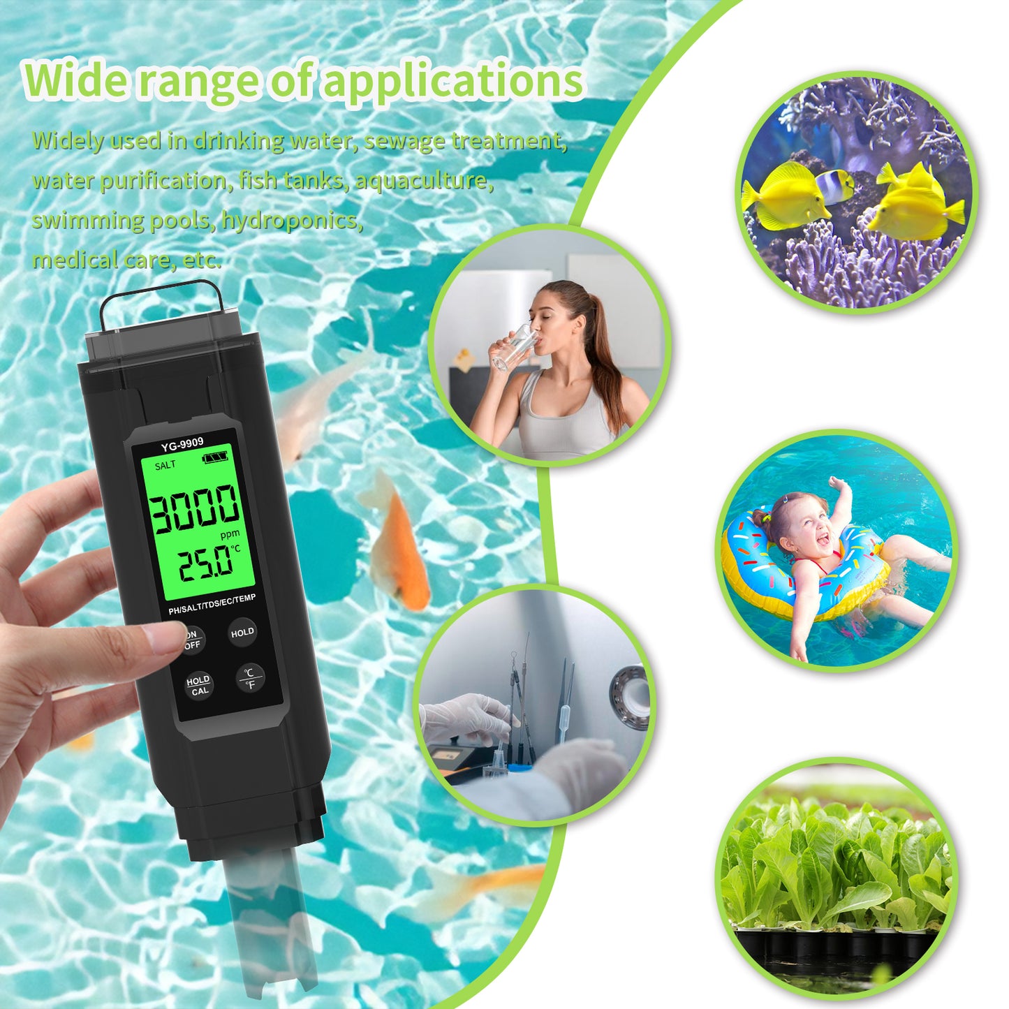 YG-9909 Digital 5-in-1 Water Quality Tester pH/TDS/EC/Salinity/Temperature Meter