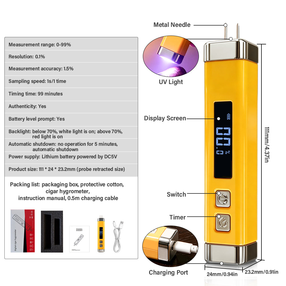 Digital Cigar Hygrometer, USB Pocket Cigar Humidity Detector, LCD Probe Digital Smoking Humidity Density Tester Yieryi
