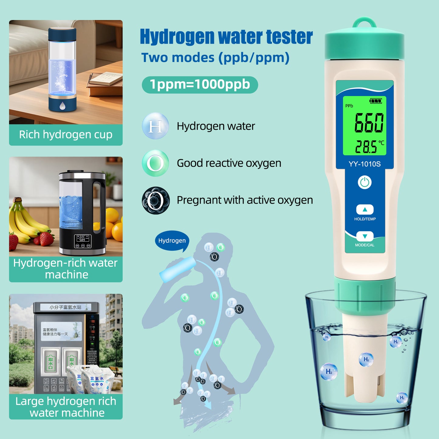 YY-1010S 10-in-1 Water Quality Test Pen | PH, TDS, EC, Salinity, ORP, H2, S.G, Temperature, Chlorine, Resistivity Yieryi