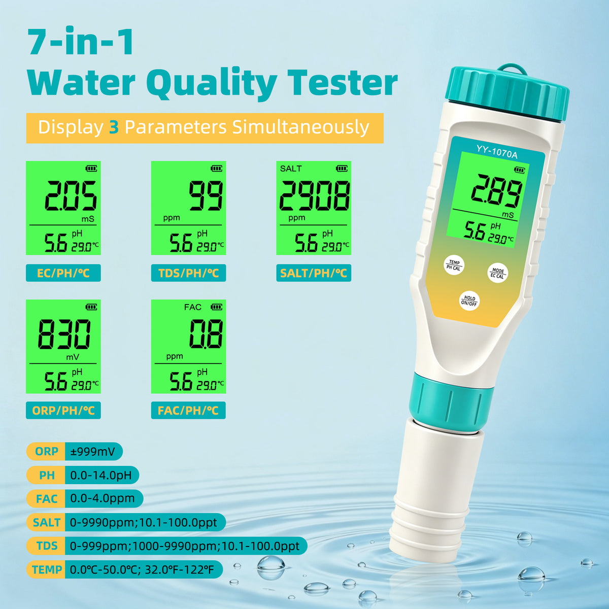 YY1070A 7-in-1 Water Quality Test Pen, Measures pH / Salinity / ORP / TDS / EC / Chlorine / Temp, Simultaneous Display, Green Backlight LCD Yieryi