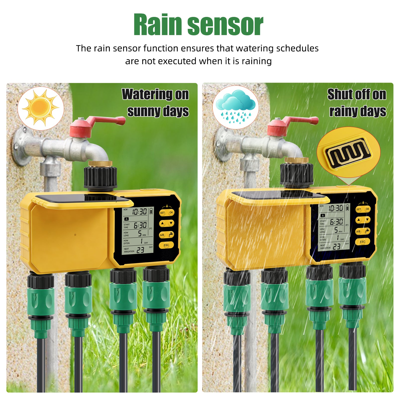 YiERYI Solar Water Timer 4 Outlet Irrigation Controller with Rain Sensor, Automatic Scheduled Watering System with Child Lock for Garden Lawn Farm Irrigation Valve Yieryi