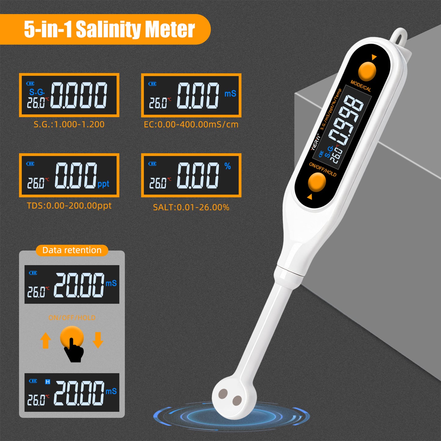 YIERYI Professional 5-in-1 Food Salt Meter High-Precision Water Quality Analysis Digital Salt Monitor EC / TDS / SALT / S.G. / TEMP Tester for Kitchen Yieryi