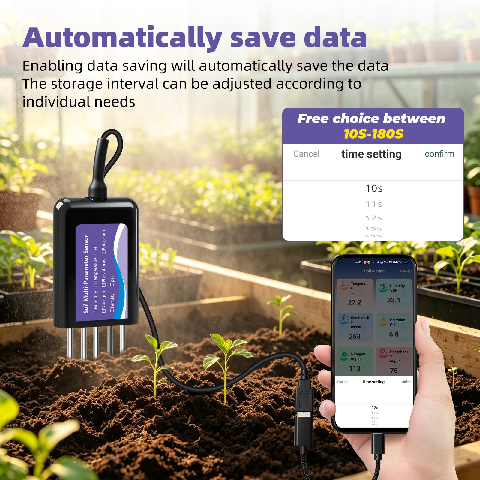 Upgraded USB‑C Connected Soil Tester with EC, Temperature‑Humidity, PH, Fertility and N‑P‑K Data Storage Function Yieryi