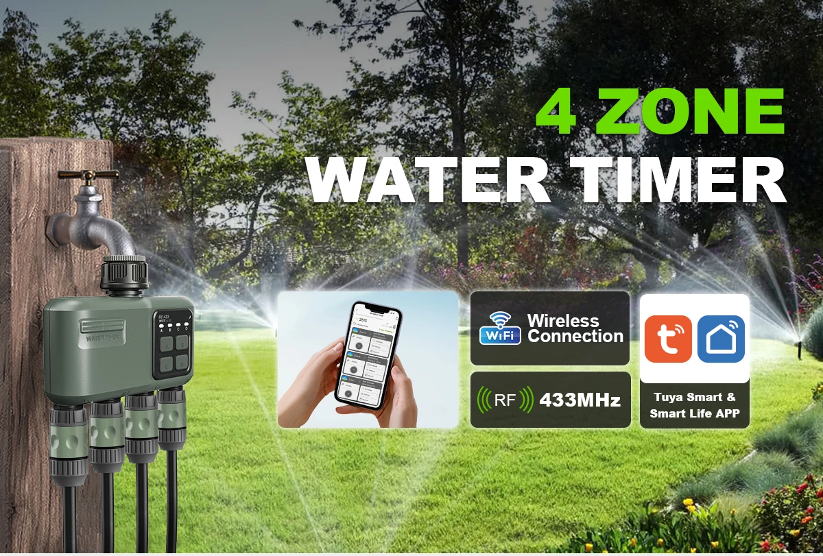 Smart 4-Zone WiFi + RF Water Timer, IPX5 Waterproof Outdoor Irrigation System with 500m Long Range, App Control for Garden Lawn Sprinkler Yieryi