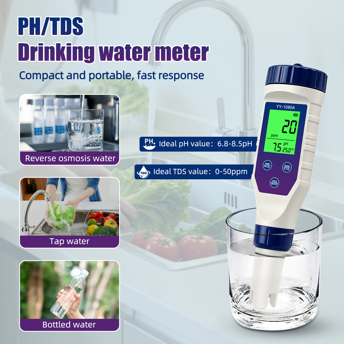 YY1090A 5in1 PH Salinity Temperature TDS EC Backlight PH Simultaneous Display Function Green Screen Rechargeable Version Yieryi
