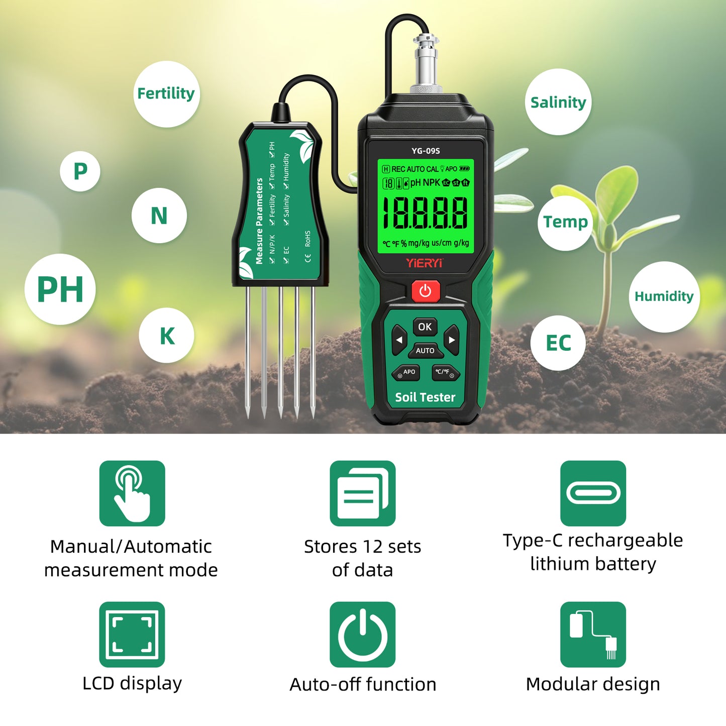 YG-09s9 9-in-1 PH/BC/salinity/fertility/nitrogen, phosphorus, potassium/temperature/humidity handheld soil tester can store and view 12 sets of records Yieryi