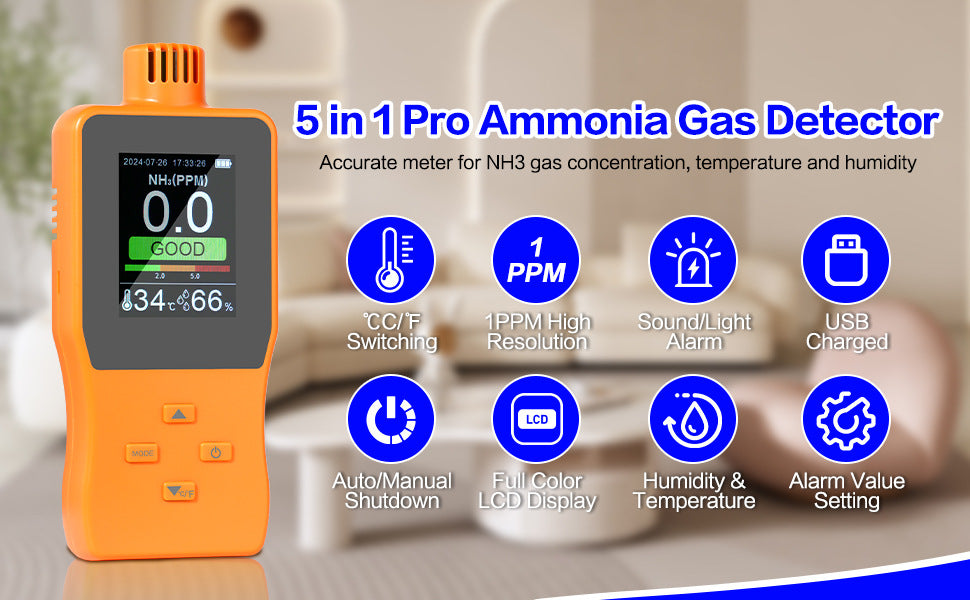 Professional Handheld 5-in-1 NH₃ Gas Analyzer Ammonia Gas Detector Monitoring for Industrial Safety Yieryi