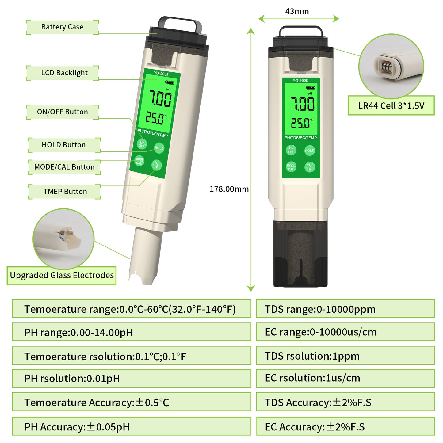 YiERYi YG-9908 4-in-1 Water Quality Tester | pH/TDS/EC/Temperature Multifunctional Testing Pen with High Accuracy & Portable Design