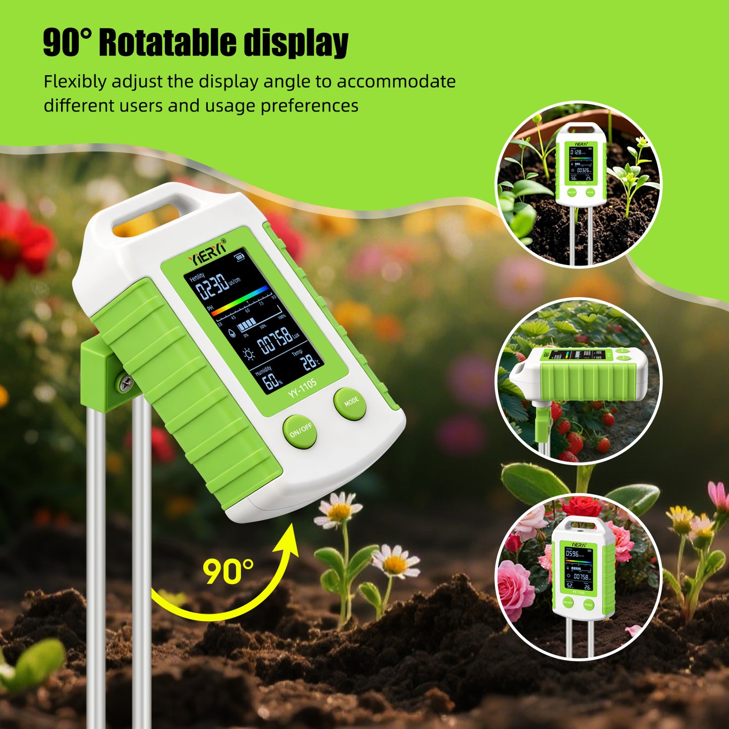 YIERYI 6-in-1 Soil Tester with 90° Rotatable LCD Display soil pH meter,moisture,light,temperature, fertility, and humidity in one device Yieryi