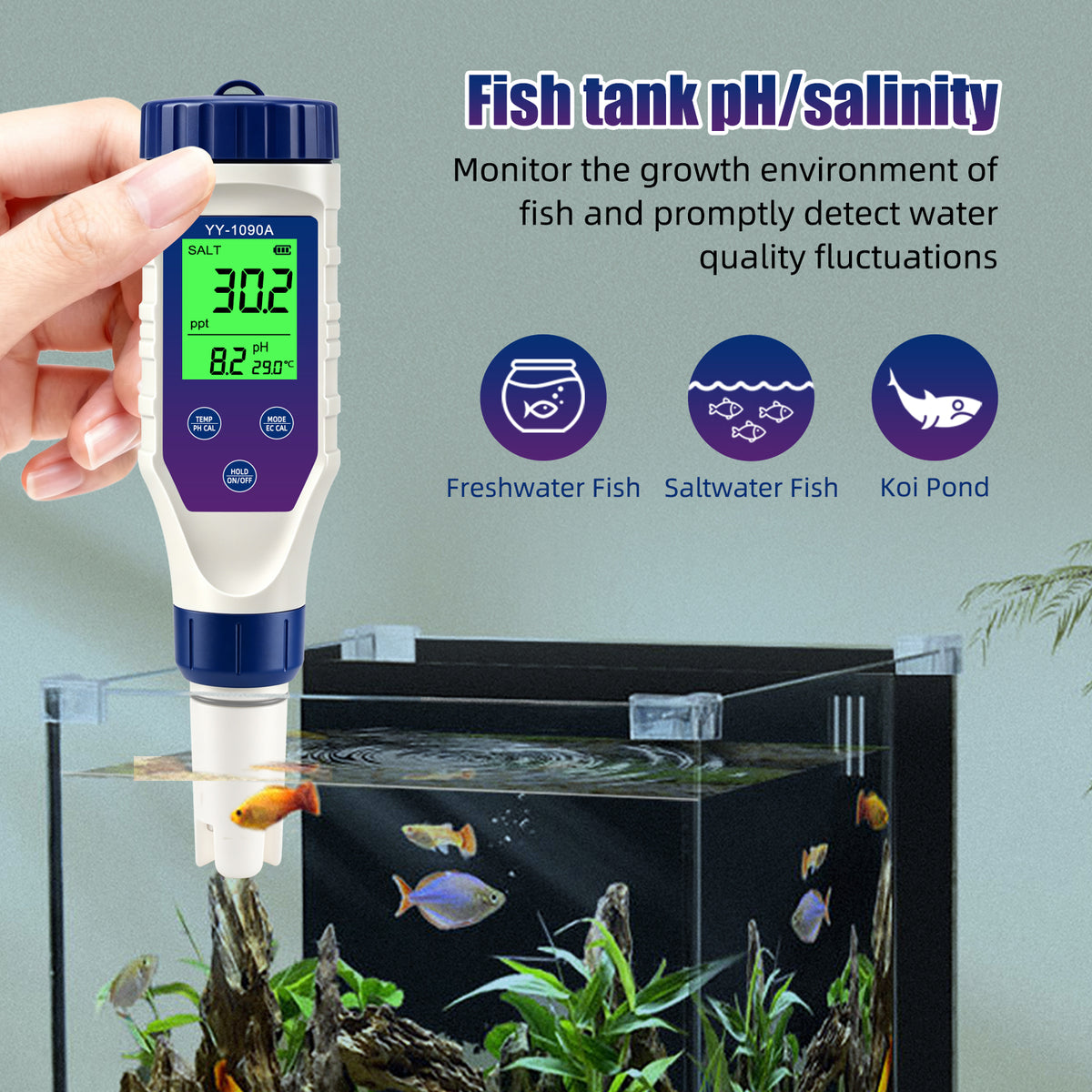 YY1090A 5in1 PH Salinity Temperature TDS EC Backlight PH Simultaneous Display Function Green Screen Rechargeable Version Yieryi