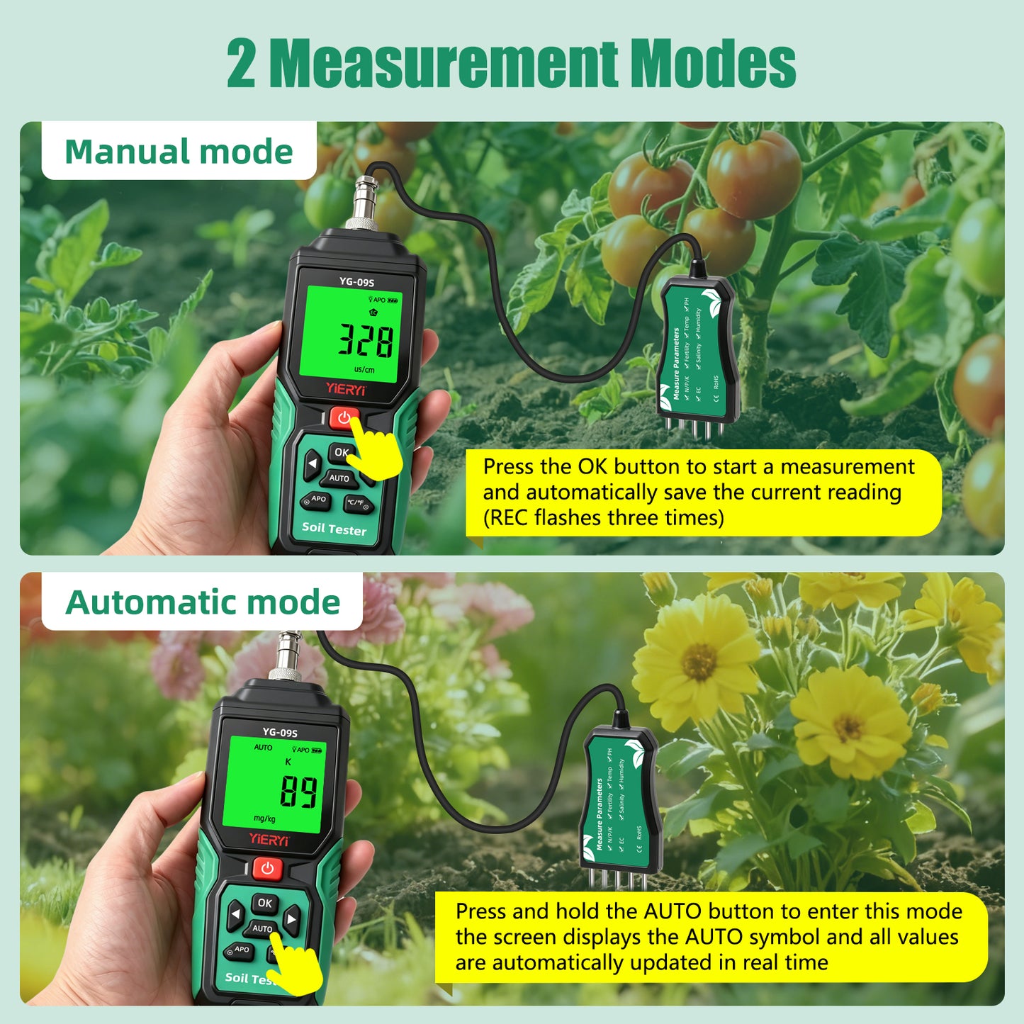 YG-09s9 9-in-1 PH/BC/salinity/fertility/nitrogen, phosphorus, potassium/temperature/humidity handheld soil tester can store and view 12 sets of records Yieryi