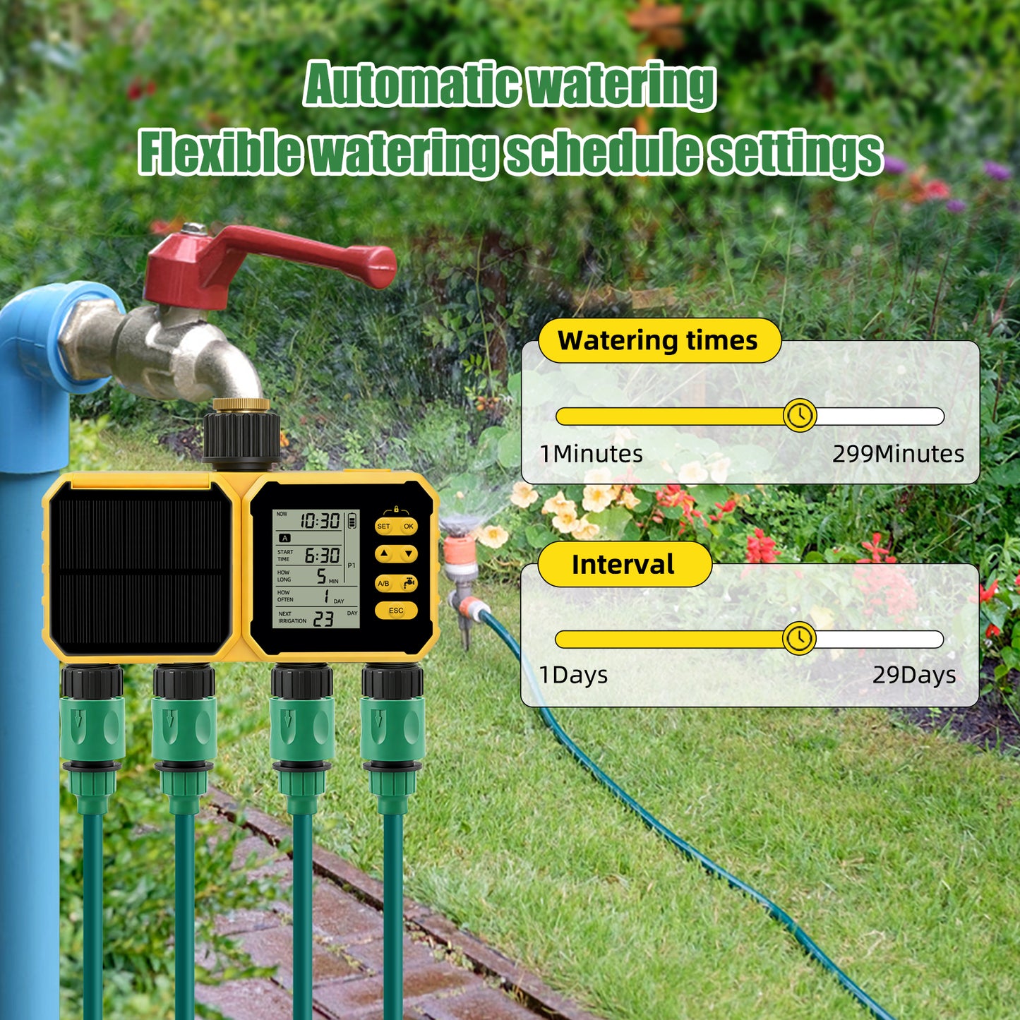 YiERYI Solar Water Timer 4 Outlet Irrigation Controller with Rain Sensor, Automatic Scheduled Watering System with Child Lock for Garden Lawn Farm Irrigation Valve Yieryi