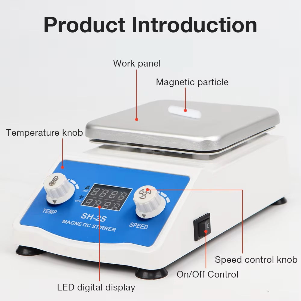 SH‑2S Digital Hotplate Magnetic Stirrer With Temperature Probe & Stainless‑Steel Support Stand, 2L Capacity, Heating & Stirring Laboratory Mixer for Reagent & Solution Mixing Yieryi