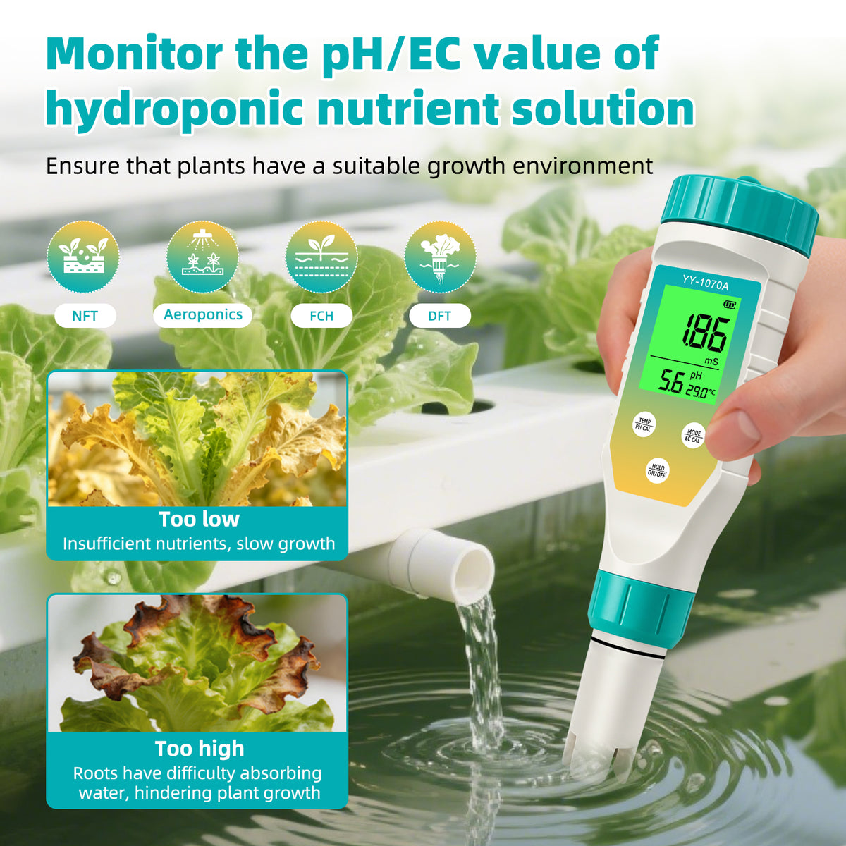 YY1070A 7-in-1 Water Quality Test Pen, Measures pH / Salinity / ORP / TDS / EC / Chlorine / Temp, Simultaneous Display, Green Backlight LCD Yieryi