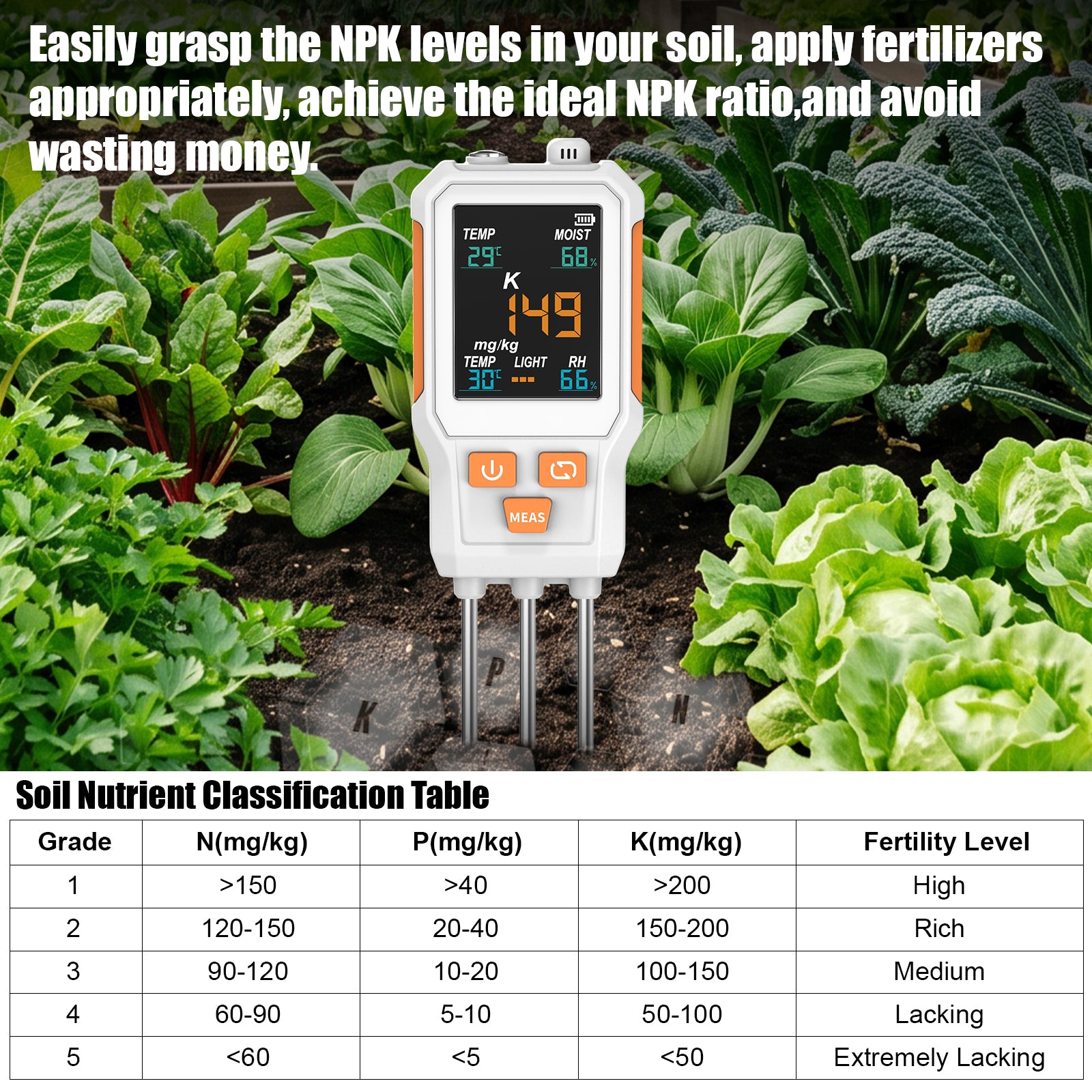 10‑in‑1 Digital Soil Tester, Color‑Screen Soil PH/EC/Fertility/N/P/K, Soil Temperature, Moisture, Light, Air Humidity & Temperature Multiparameter Soil Detector Yieryi