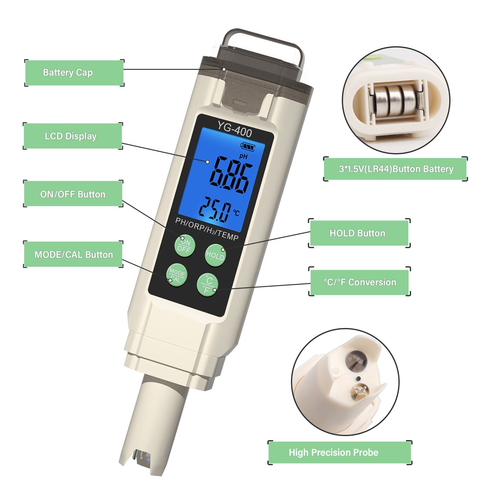 water quality monitoring 4 in 1 PH ORP H2 Temperature Meter ORP-1000 mV to+1000 mV Yieryi