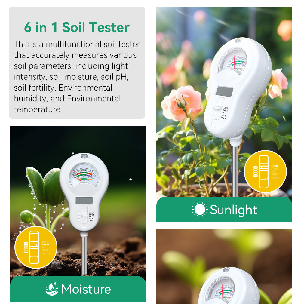 6-in-1 Digital Sunlight / Moisture / Fertility / ph /Humidity Soil Tester — All-in-One Gardening Analyzer Yieryi