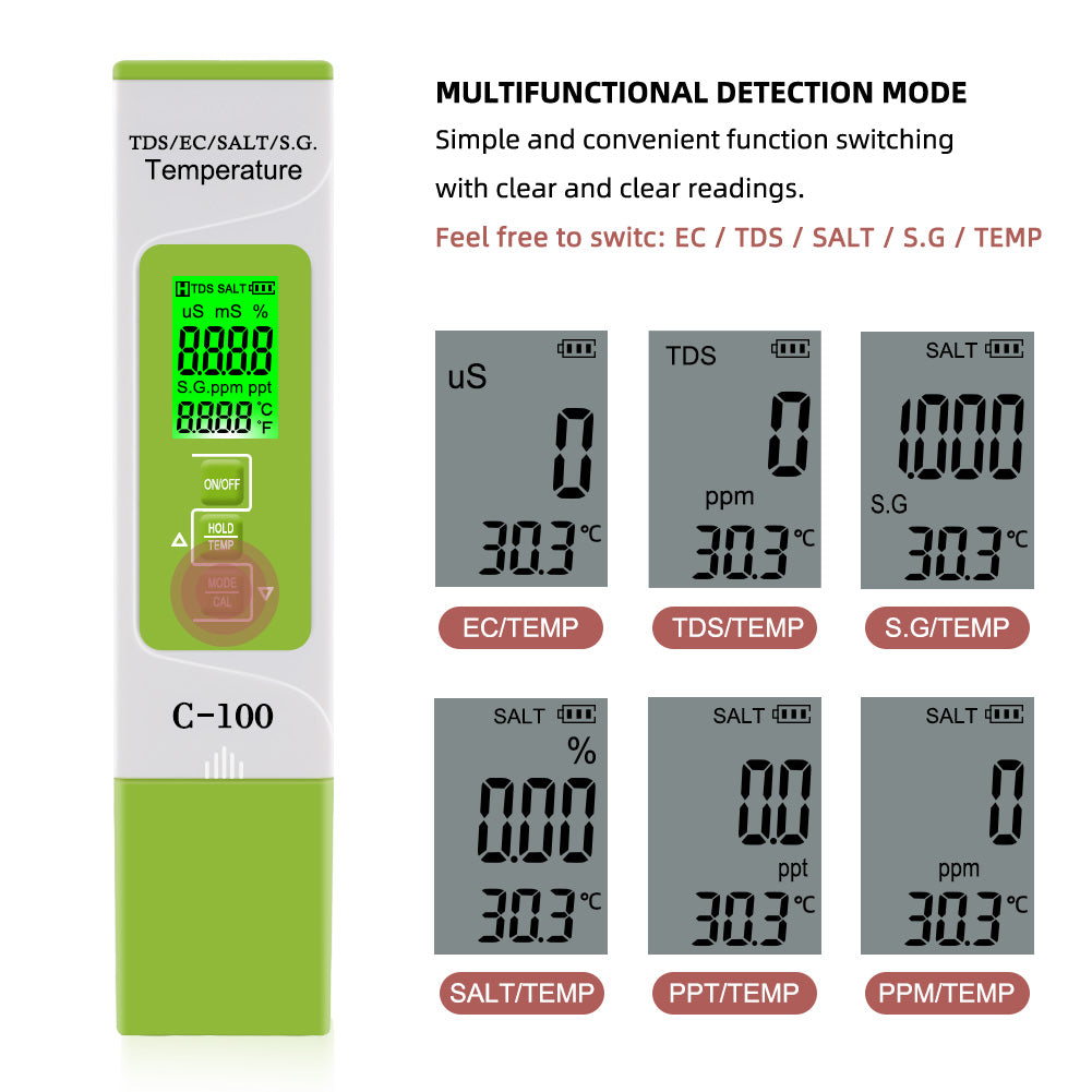 Yieryi Accurate Salt/TDS/EC/Specific Gravity/Temperature Tester with Backlit Display for Professional and Everyday Use