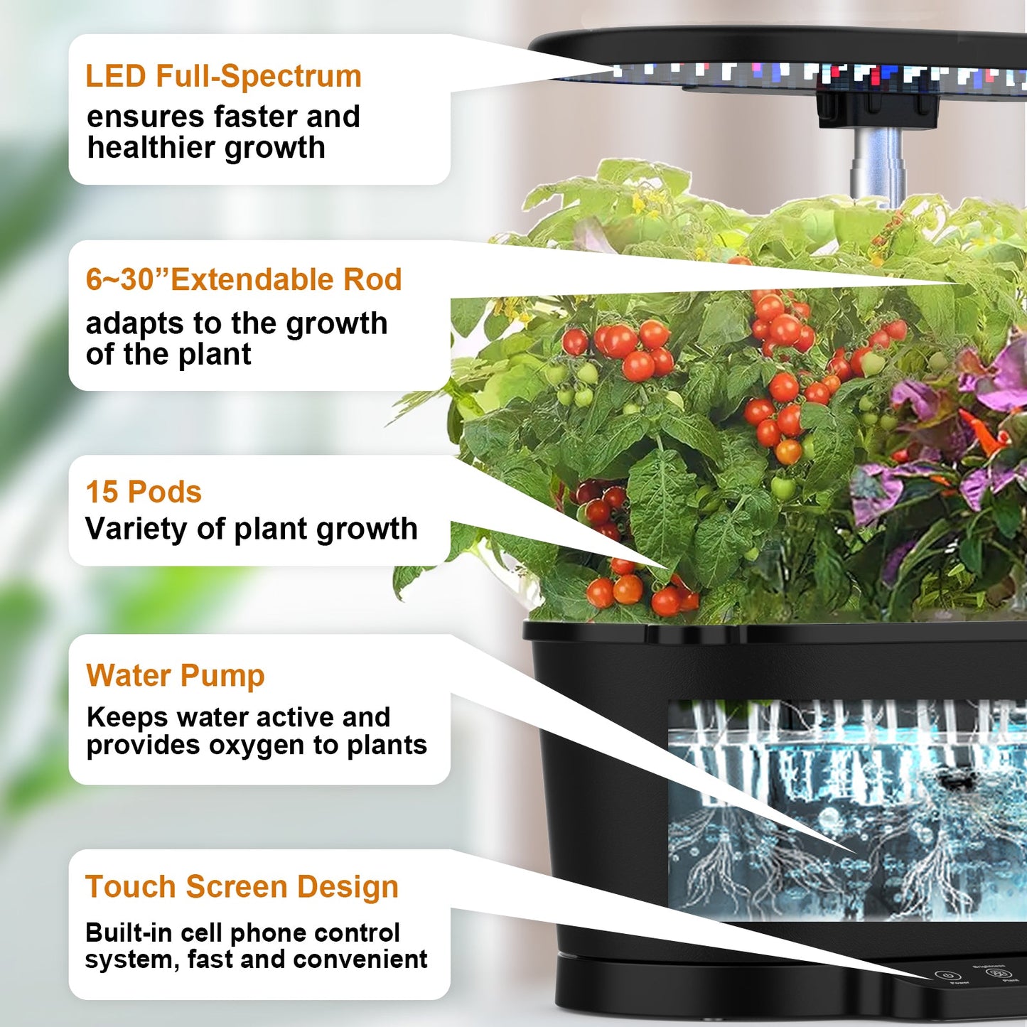 Smart Indoor Hydroponics Growing System – 15 Pods, WiFi & LED Control Yieryi