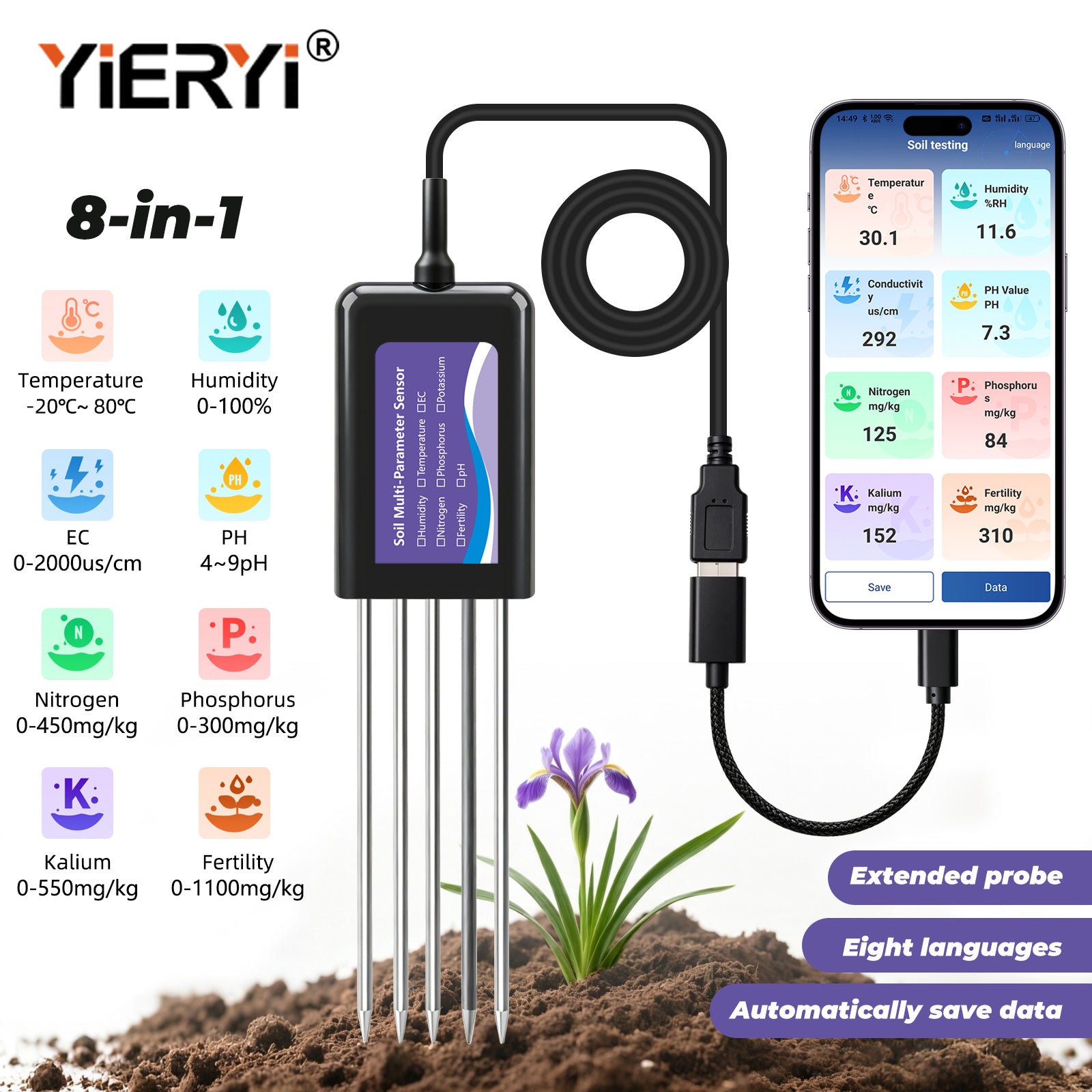 Upgraded USB‑C Connected Soil Tester with EC, Temperature‑Humidity, PH, Fertility and N‑P‑K Data Storage Function Yieryi
