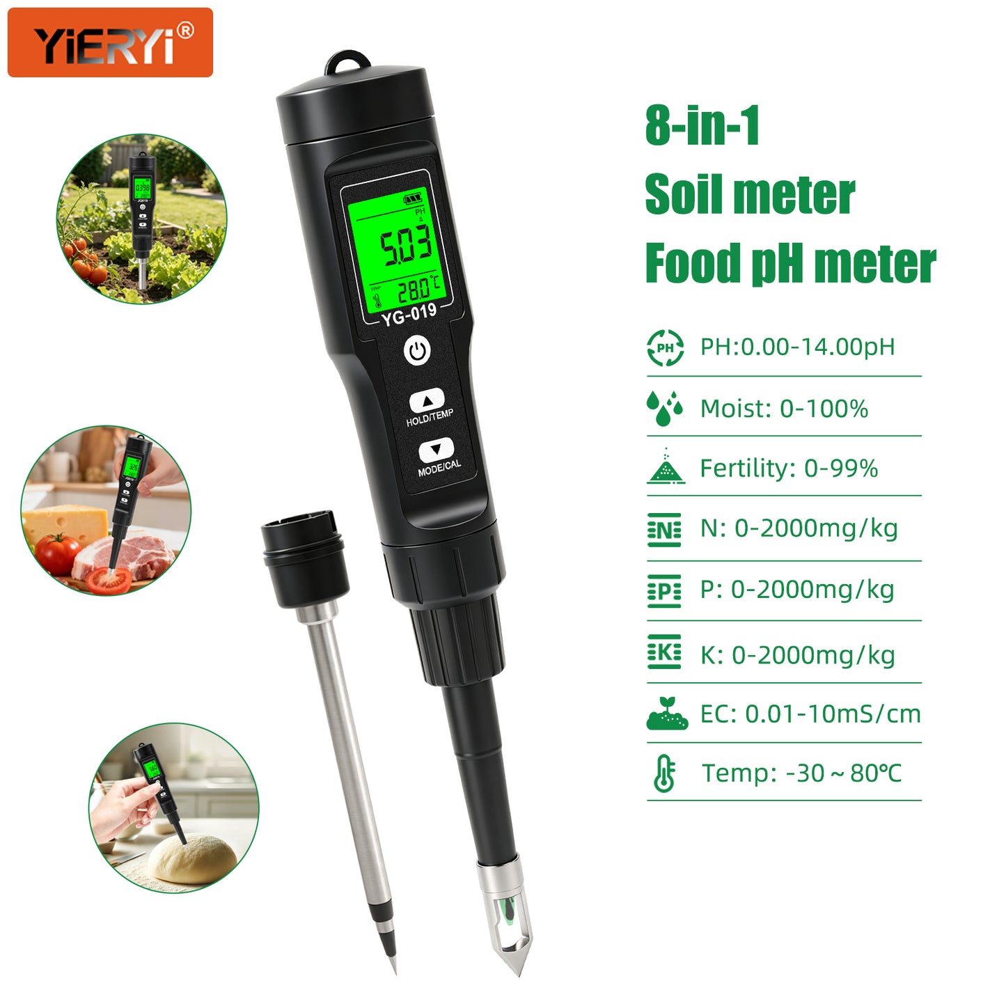 Soil Tester for PH, Nitrogen, Phosphorus, Potassium, EC, Fertility, Temperature &amp; Soil Moisture Yieryi