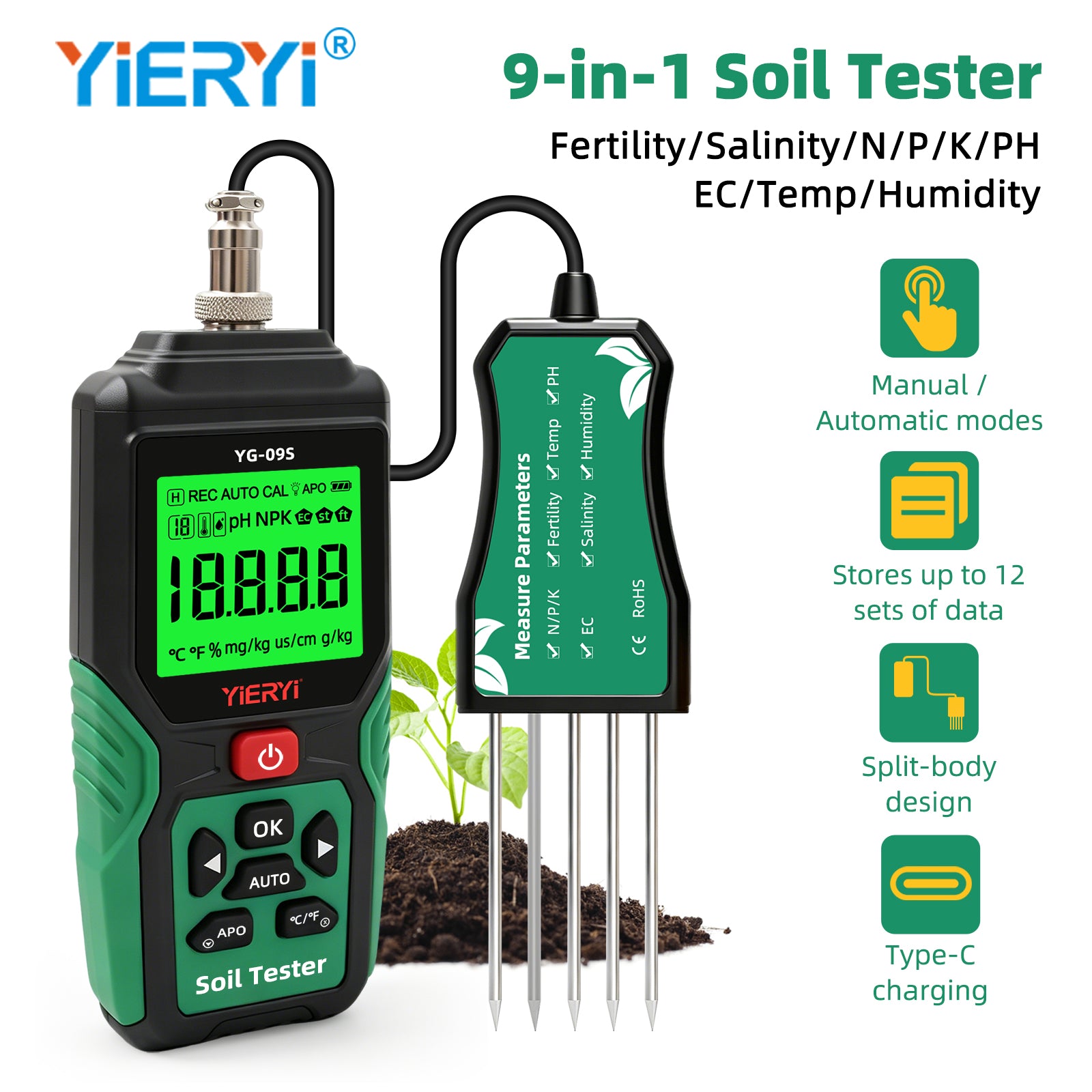 YG-09s9 9-in-1 PH/BC/salinity/fertility/nitrogen, phosphorus, potassium/temperature/humidity handheld soil tester can store and view 12 sets of records Yieryi