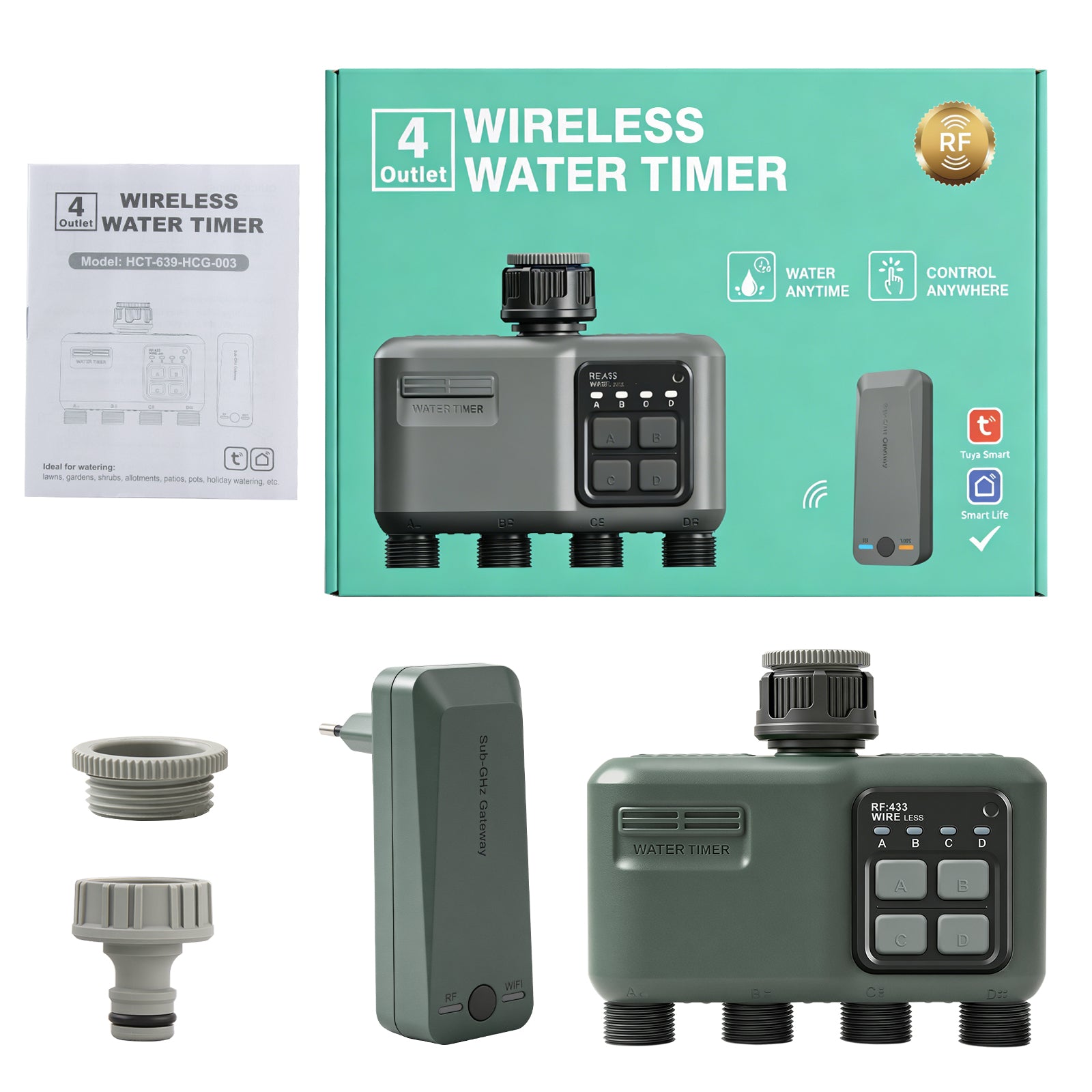 Smart 4-Zone WiFi + RF Water Timer, IPX5 Waterproof Outdoor Irrigation System with 500m Long Range, App Control for Garden Lawn Sprinkler Yieryi