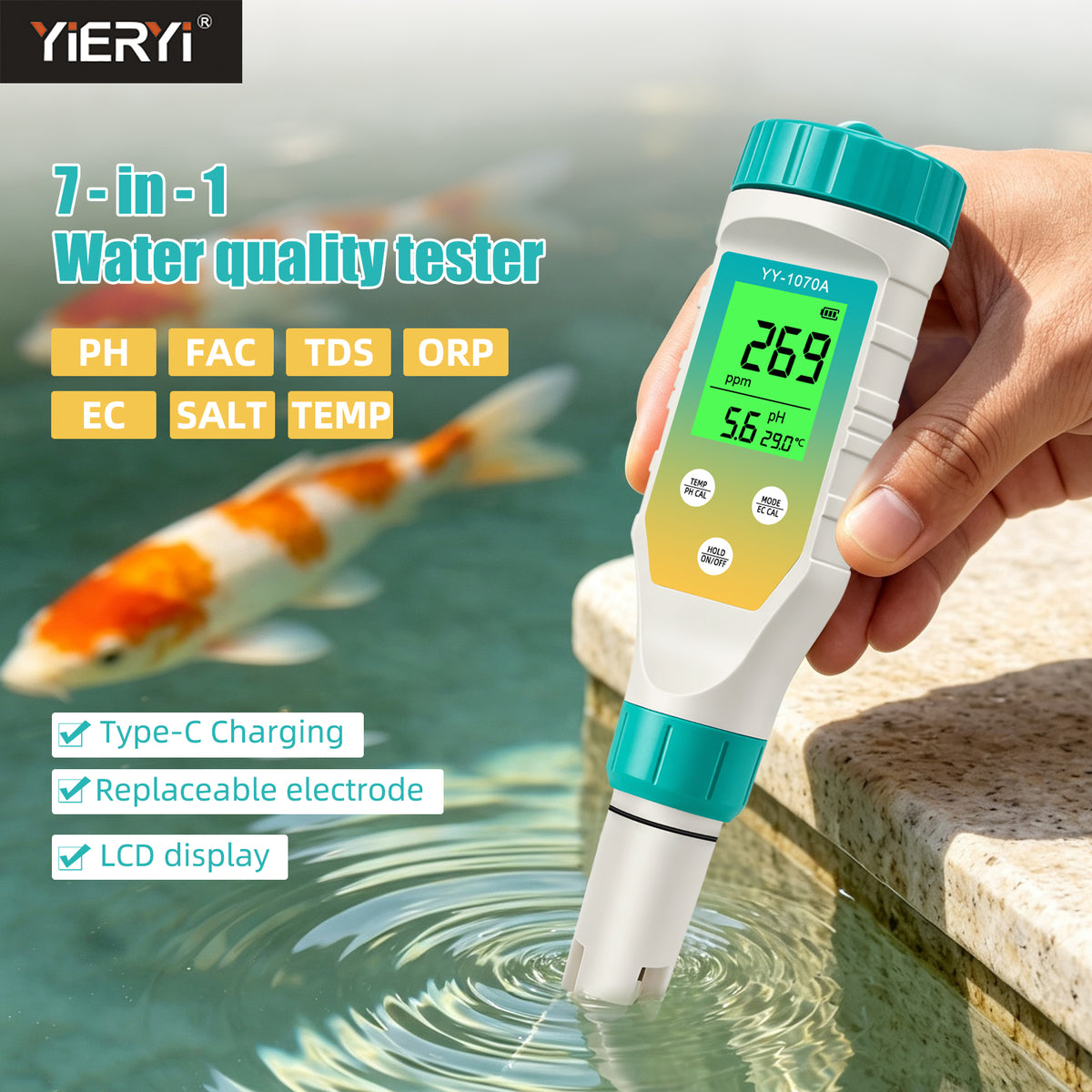 YY1070A 7-in-1 Water Quality Test Pen, Measures pH / Salinity / ORP / TDS / EC / Chlorine / Temp, Simultaneous Display, Green Backlight LCD Yieryi