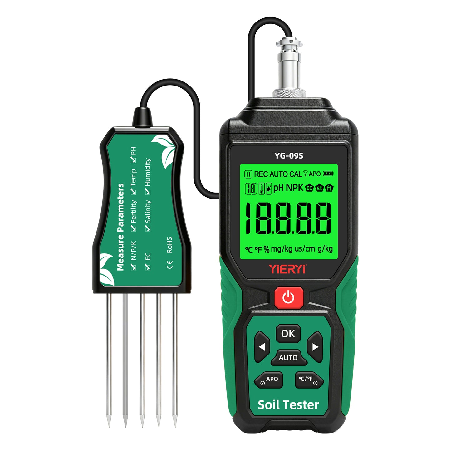 YG-09s9 9-in-1 PH/BC/salinity/fertility/nitrogen, phosphorus, potassium/temperature/humidity handheld soil tester can store and view 12 sets of records Yieryi